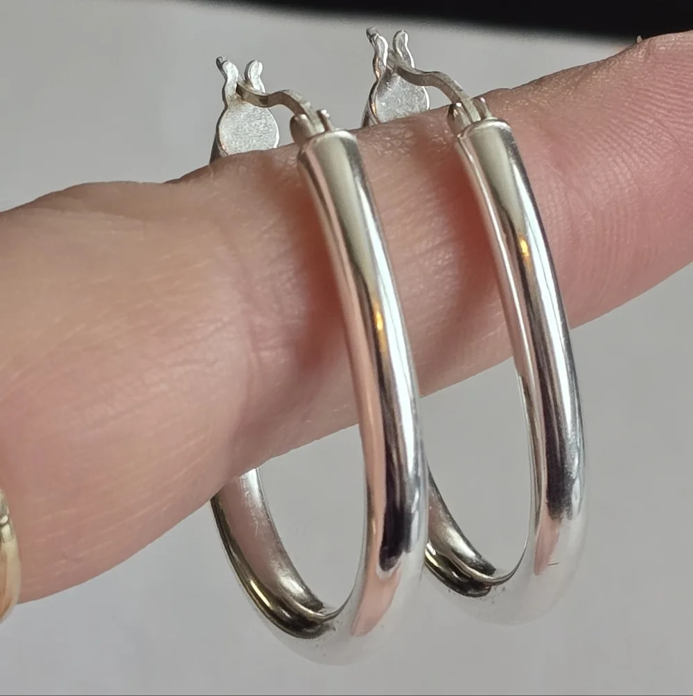 Sterling Silver hoop earrings 925 long elongated tube elegant classic - Picture 3 of 10